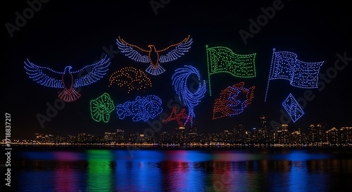 Drone light show with bird and flag shapes illuminating night sky over water