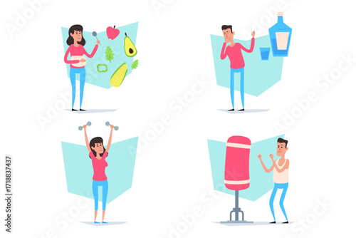 Colorful collection of various people engaging in healthy activities. One person preparing food, while another exercising and two focusing on fitness and nutrition. Healthy living concept