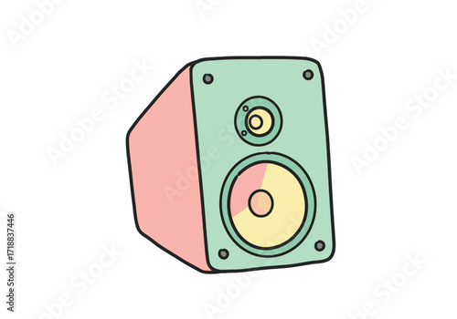 Pastel-colored illustration of a compact stereo speaker, showcasing a minimalist design.