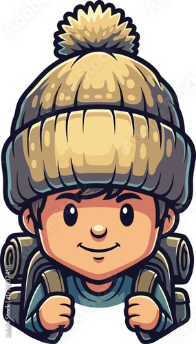 little adventurer cartoon boy ready for winter hike, isolated on transparent background