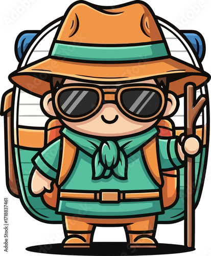 little adventurer cartoon hikers joyful expedition, isolated on transparent background