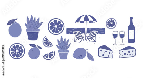 Enjoying a delightful summer picnic with refreshing drinks, cheese, and citrus fruits on a sunny beach by the serene ocean