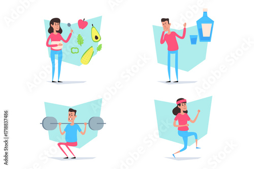Collection of various activities promoting healthy lifestyle. Individuals engaging in fitness, nutrition, and hydration in vibrant, lively setting