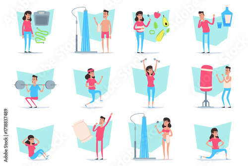Collection of various fitness activities including strength training, yoga, and healthy eating. Individuals engaging in exercises to promote wellness and health