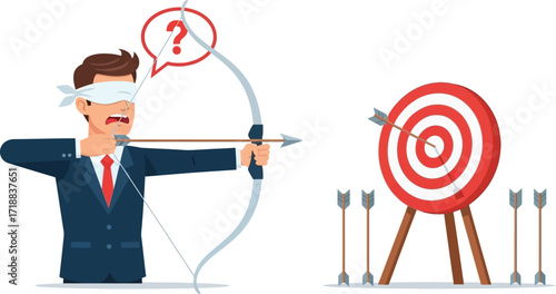 Blindfolded businessman aiming arrow at target illustration