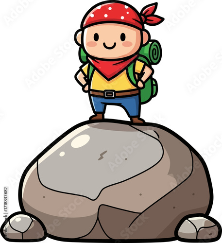 little backpackers triumphant peak a cute cartoon adventure, isolated on transparent background