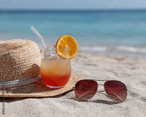 Straw hat, cocktail with orange slice, and sunglasses on sandy beach with ocean background creating relaxing summer vibe