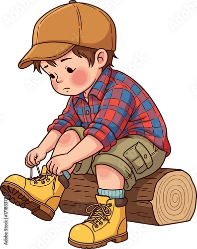 little boy tying boots a moment of quiet determination, isolated on transparent background