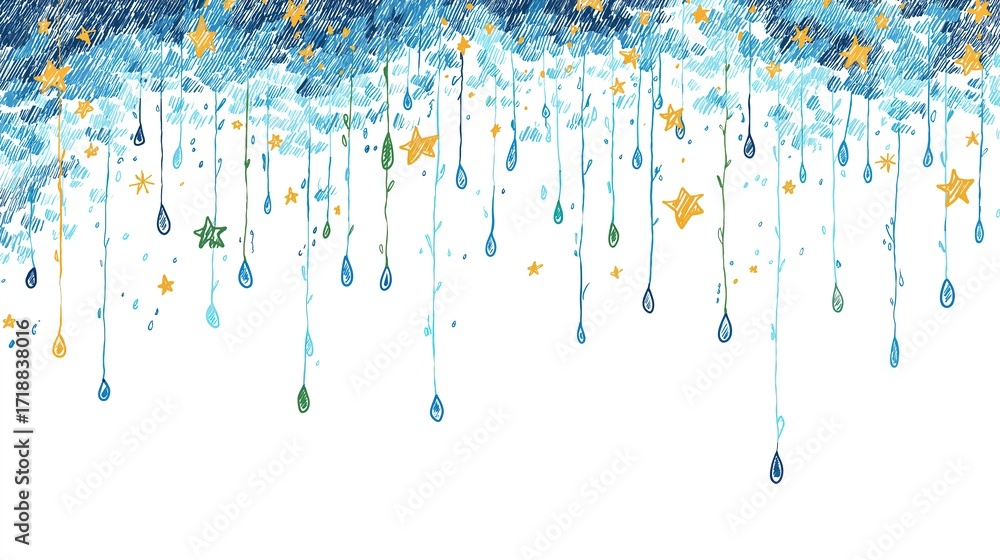 Fototapeta premium Minimalist enchanted night: cartoon star trailing blue raindrops on white, line art for nursery decor, kids book or digital wallpaper.
