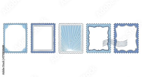 Collection of unique blue postage stamp frames perfect for creative design projects and scrapbooking.