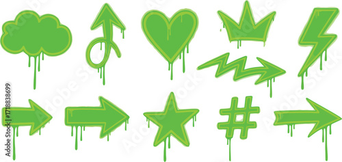 Green graffiti drip vector shapes cloud arrow heart crown