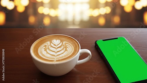 A warm cup of coffee with latte art sits next to a smartphone with a green screen on a wooden table, blurred background lights