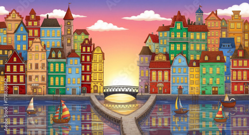 Colorful cityscape with a bridge over a canal at sunset, vibrant buildings reflecting in the water.