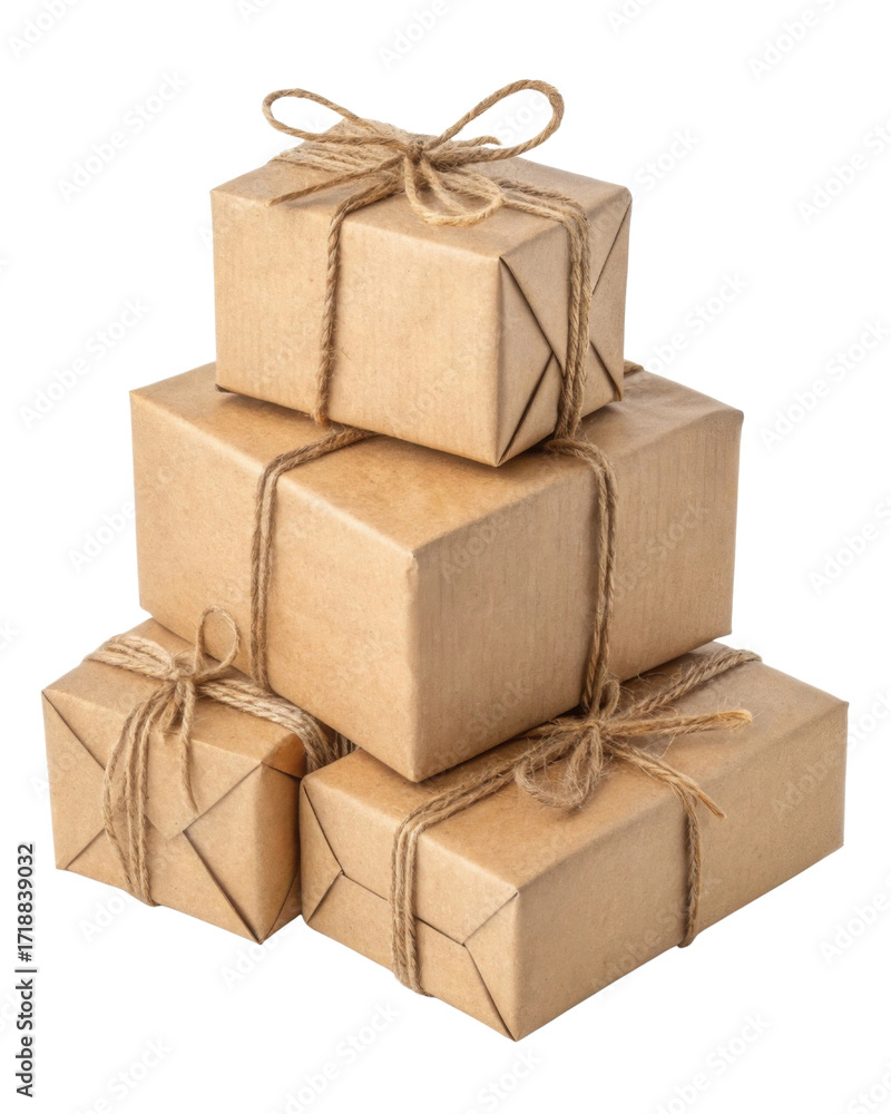 Obraz premium Wrapped gift boxes stacked together, showcasing rustic and charming appearance. Perfect for celebrations and special occasions