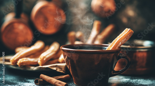 churros. A clay cup of hot chocolate with churros, capturing the warmth of Spanish National Day. menu design, packaging mockups, designed for culinary blogs and recipe cards for restaurants.