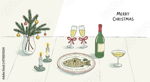 Celebrate festive holidays with sparkling champagne, delicious roast fish, and a charming Christmas tree centerpiece, creating warm, inviting seasonal cheer.