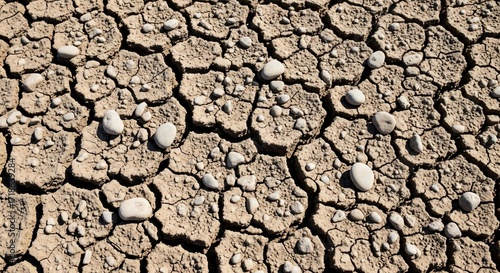 Dry cracked earth ground with rocks landscape drought and arid soil pattern
