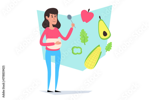 Happy pregnant woman holding spoon and smiling while looking at selection of healthy foods including fruits and vegetables. Nutrition during pregnancy concept