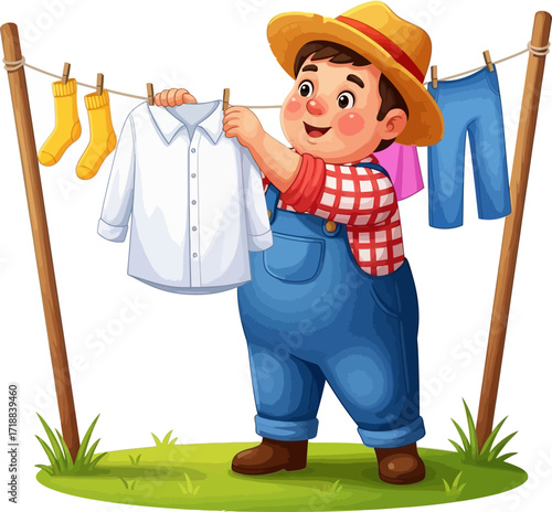 little farmers laundry day a cheerful cartoon illustration, isolated on transparent background