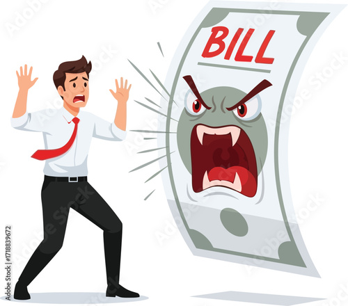 Avoiding debt concept scared man with bill monster illustration