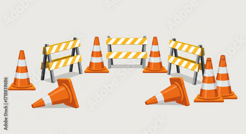 Illustration depicting a construction zone with orange traffic cones and barricades, indicating a work area.
