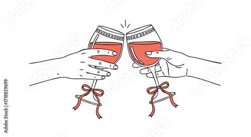 Two hands clinking wine glasses filled with red wine, adorned with festive ribbons, celebrating a joyous occasion with sparkling delight