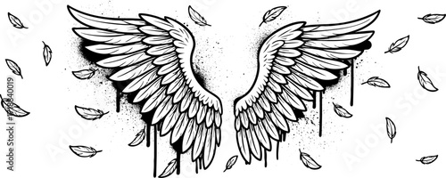 Black and white wings vector graphic in graffiti style. Graffiti wings with s...