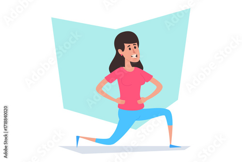 Woman doing lunge exercise in modern outdoor setting, showcasing her fitness routine. Woman smiling confidently while focusing on her form and balance
