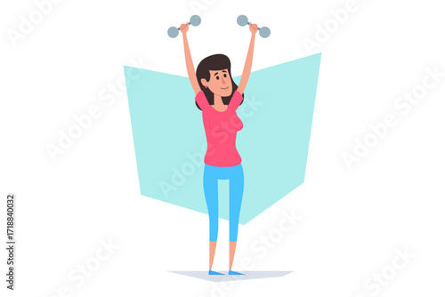 Young woman lifting dumbbells above her head, showcasing her strength and enthusiasm for fitness. Woman wearing bright shirt and blue pants, standing confidently in relaxed position