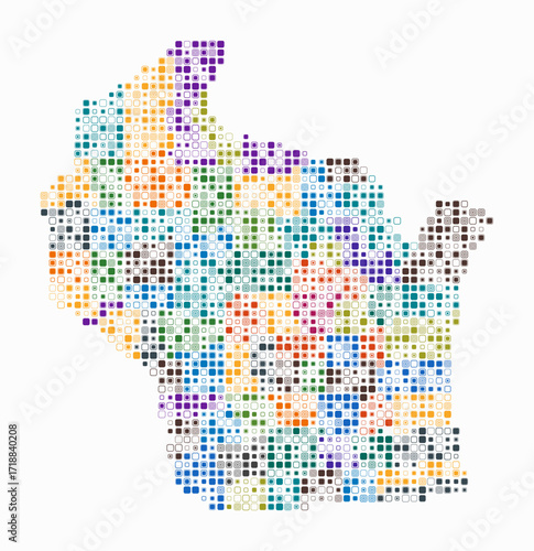 Wisconsin, shape of the state build of colored cells. Digital style map of the Wisconsin on white background. Small size rounded square blocks. Creative vector illustration.