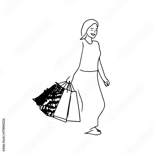 Black and white line art of a beautiful happy woman carrying shopping bags minimalist cheerful illustration