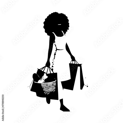 Black and white line art of a beautiful happy woman carrying shopping bags minimalist cheerful illustration