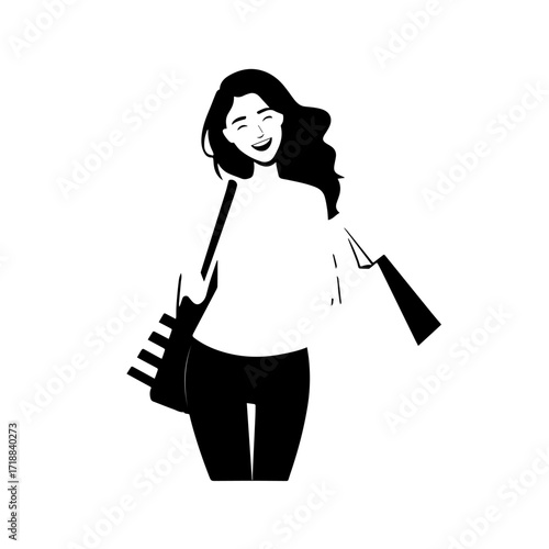 Black and white line art of a beautiful happy woman carrying shopping bags minimalist cheerful illustration