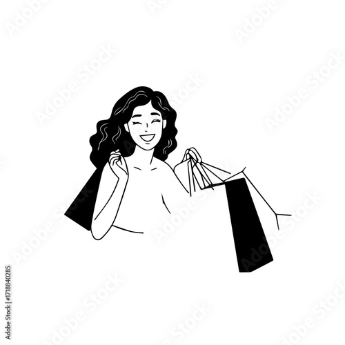 Black and white line art of a beautiful happy woman carrying shopping bags minimalist cheerful illustration