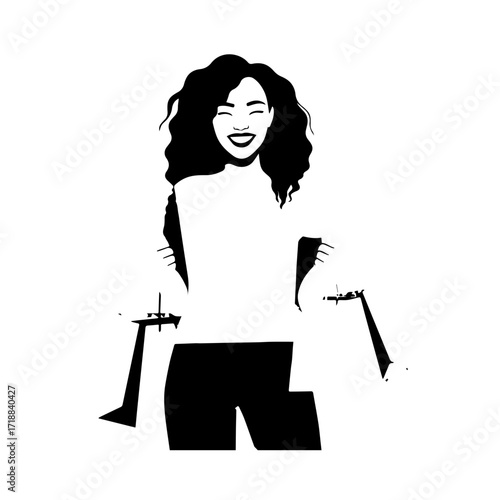 Black and white line art of a beautiful happy woman carrying shopping bags minimalist cheerful illustration