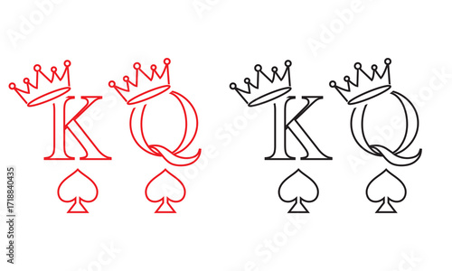 King and Queen playing card symbols graphic. Vector illustration of king and queen letters with crown and heart icons, representing playing cards, love, royalty, and game design.

