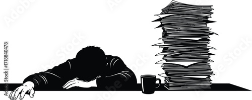 Overworked burnout illustration with paperwork and coffee