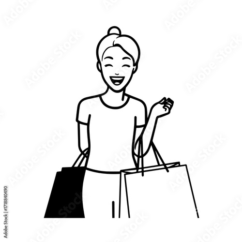Black and white line art of a beautiful happy woman carrying shopping bags minimalist cheerful illustration
