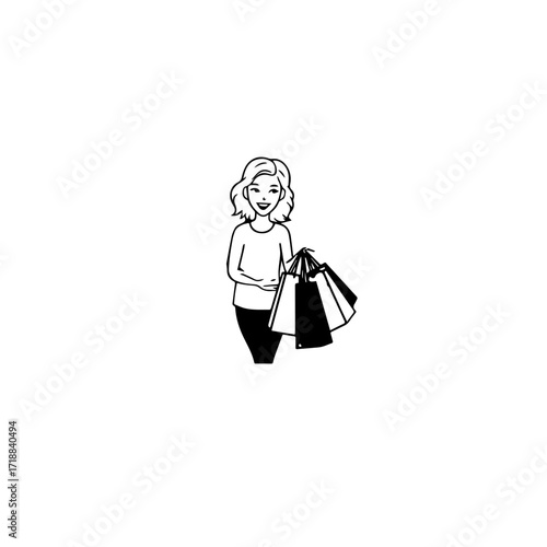 Black and white line art of a beautiful happy woman carrying shopping bags minimalist cheerful illustration