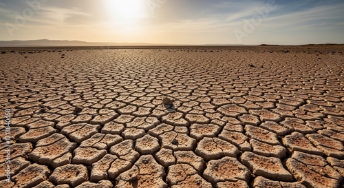 Dry cracked earth in desert landscape under bright sky aridity concept