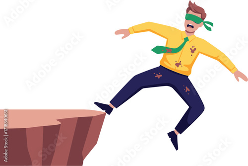 Blindfolded man falling off cliff risk business concept