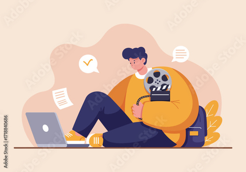 Young filmmaker edits film, reviewing script on laptop.