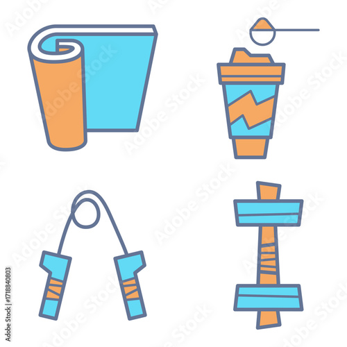 Set of four icons representing fitness and health activities. Yoga mat, drink cup, skipping rope, and dumbbells, all outlined in modern line style