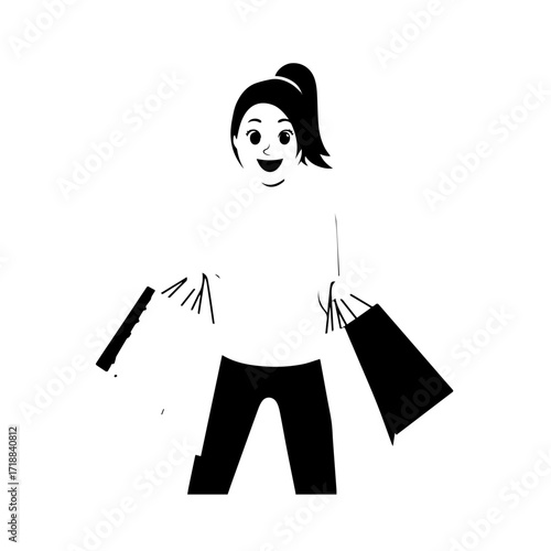 Black and white line art of a beautiful happy woman carrying shopping bags minimalist cheerful illustration