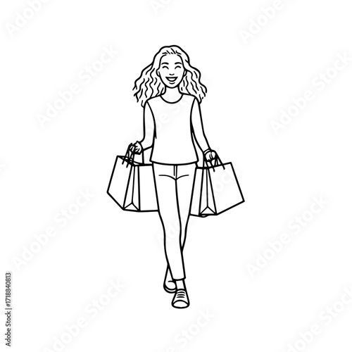 Black and white line art of a beautiful happy woman carrying shopping bags minimalist cheerful illustration