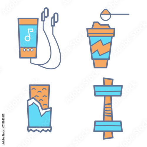 Collection of four simple line icons representing music, beverage, snack, and fitness gear. Earphones, drink, snack bar, and dumbbells commonly used for workouts