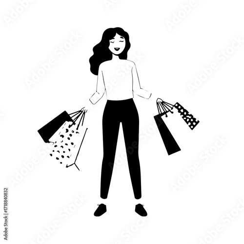Black and white line art of a beautiful happy woman carrying shopping bags minimalist cheerful illustration