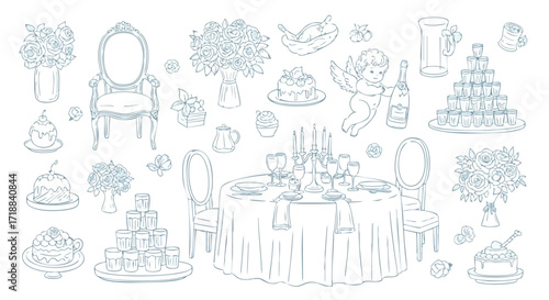 Elegant wedding celebration elements including ornate chairs, champagne tower, floral arrangements, and decadent cakes for a festive occasion.