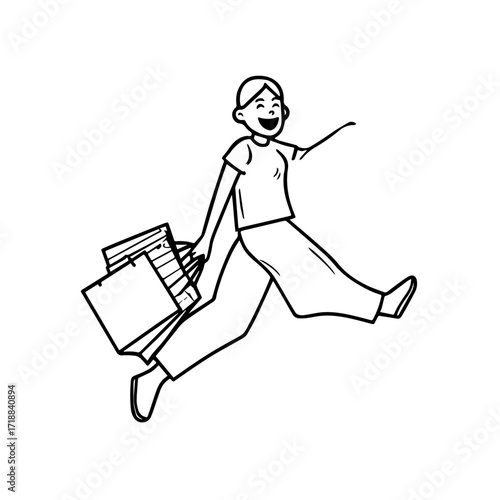 Black and white line art of a beautiful happy woman carrying shopping bags minimalist cheerful illustration