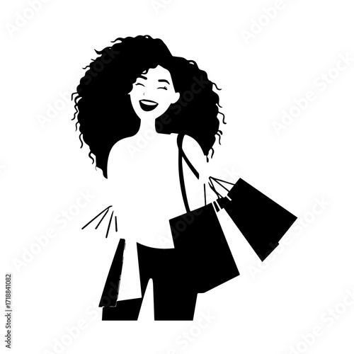 Black and white line art of a beautiful happy woman carrying shopping bags minimalist cheerful illustration
